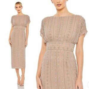 NWT Mac Duggal Beaded Cap Sleeve Column Midi Dress 16 Dark Mocha 93649
